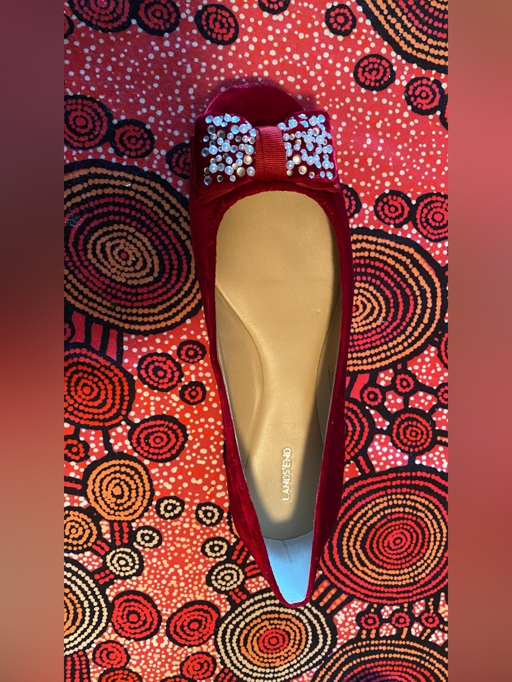 Lands' End Red Velvet Ballet Flat with Pearl Bow